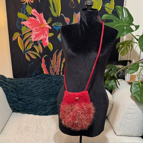 Handmade Crossbody Felted Bag, Fuzzy Eyelash Knit, Red - Picture 4 of 13